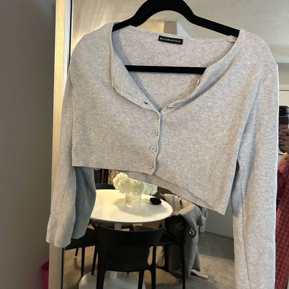 Brandy Melville Light Gray Cropped Button-Up Top